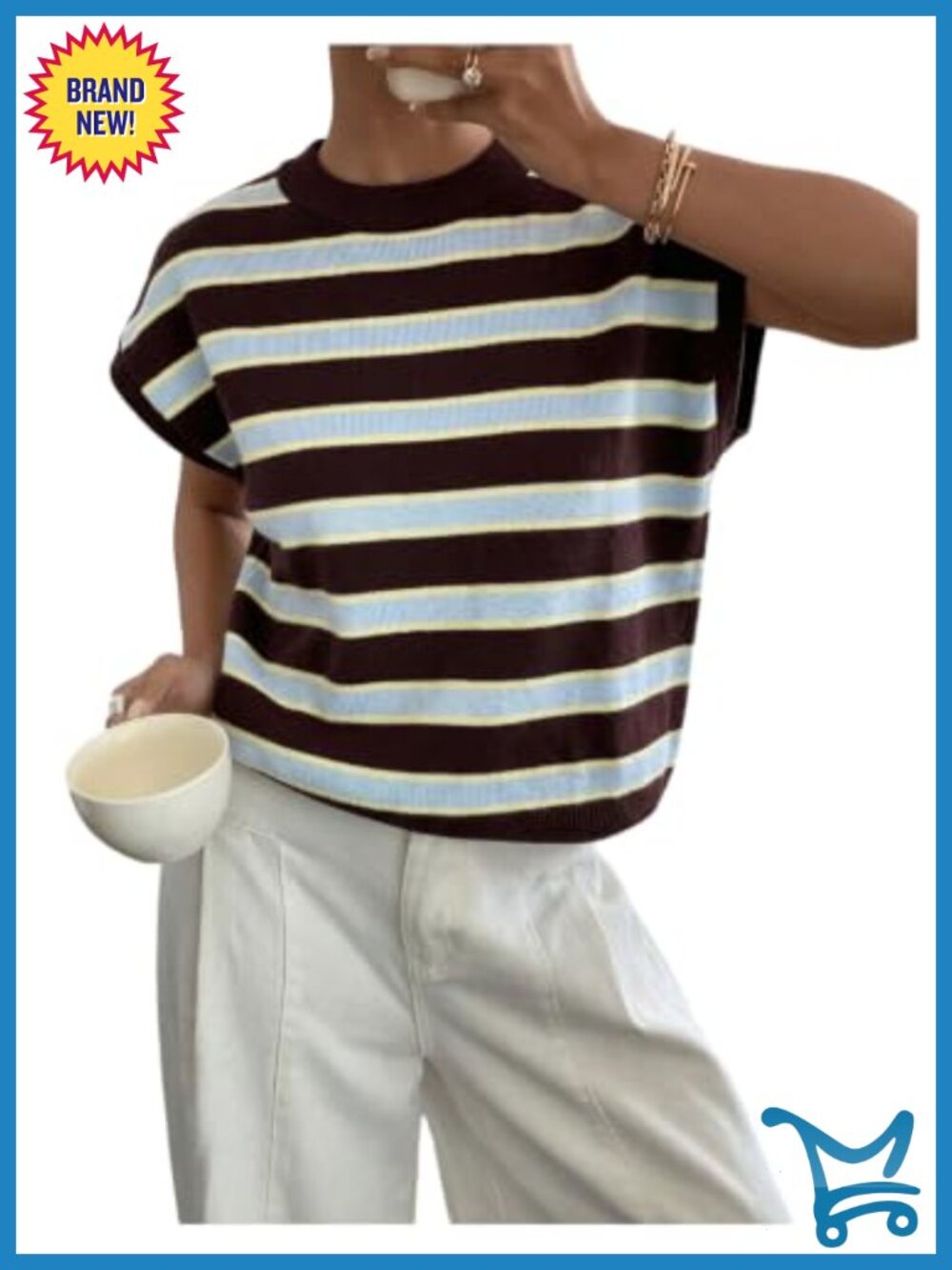 Women's Striped Cap Sleeve Crew Neck Pullover Sweater